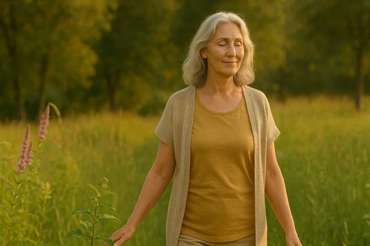 lächelnde Frau mittleren Alterns auf einer Wiese