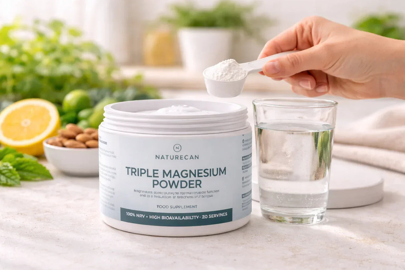 Magnesiumpulver von Naturecan auf hell ausgeleuchteter Küchentheke