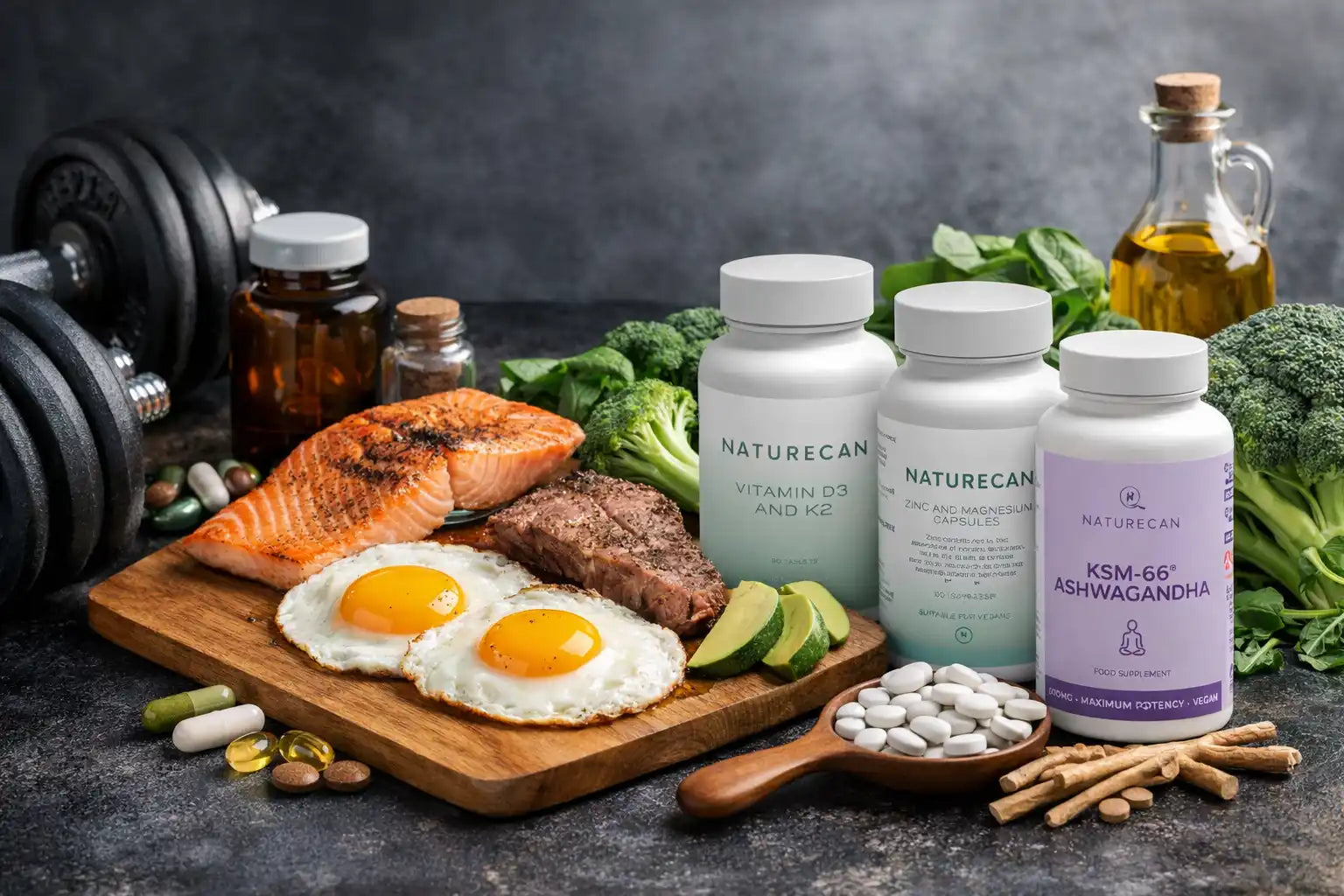 Naturecan-Supplements neben testosteron-steigerndem Essen