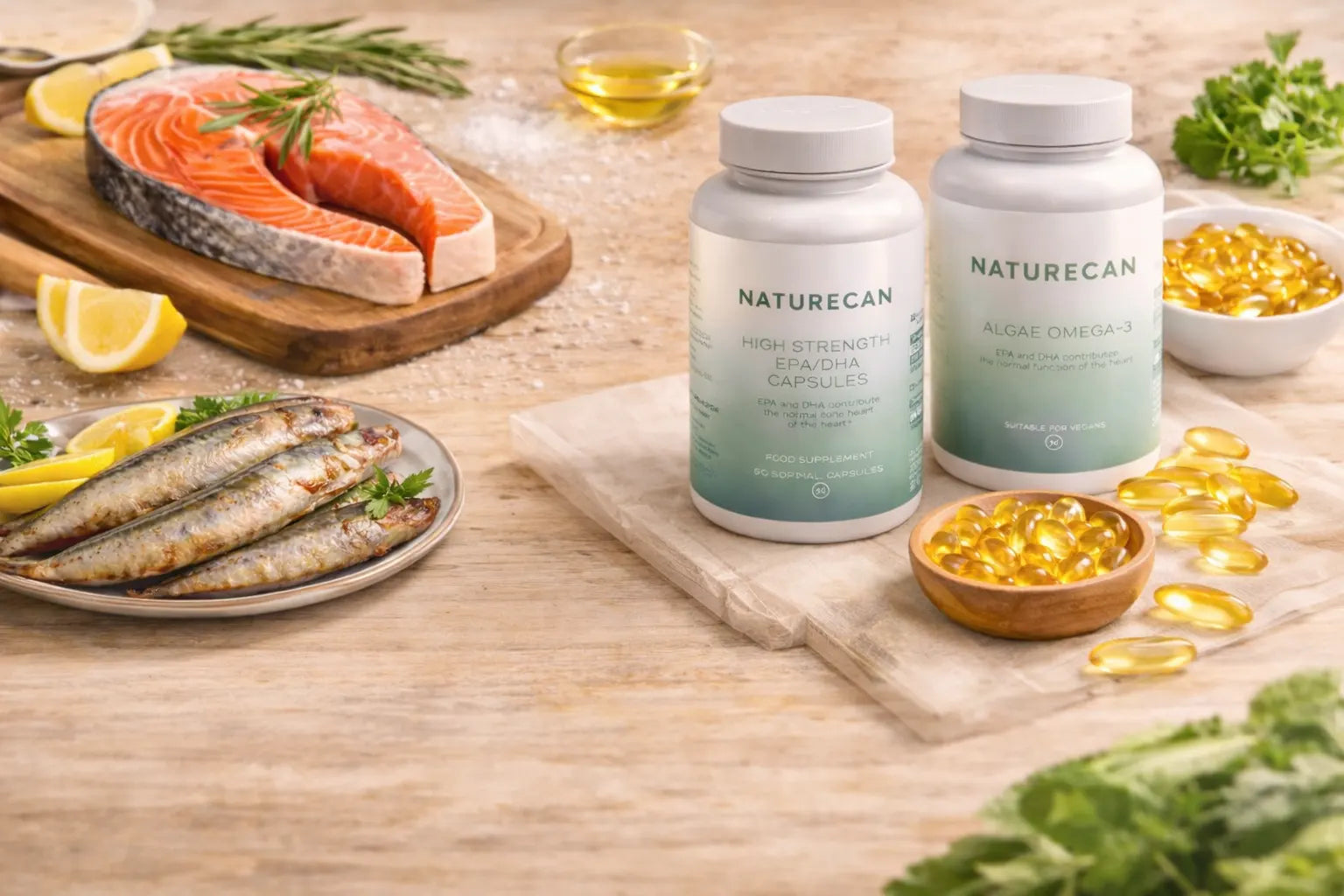 Omega 3 Supplement auf einem Tisch neben diversen Fischgerichten