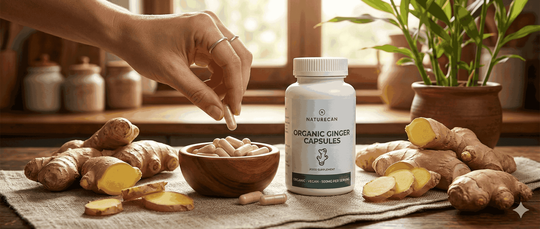 Frau nimmt eine Ingwer-Kapsel von Naturecan aus einer Schale 